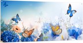 Tuinposter – Sprookjesachtige Blauwe Vlinders - 200x100cm Foto op Tuinposter  (wanddecoratie voor buiten en binnen)