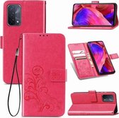 Voor OPPO A93 5G vierbladige sluiting reliëf gesp mobiele telefoon bescherming lederen tas met lanyard & kaartsleuf & portemonnee & beugel functie (rose rood)