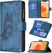 Voor iPhone 12 mini Flying Butterfly Embossing Pattern Rits Horizontale Flip lederen tas met houder & kaartsleuven & portemonnee (blauw)