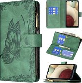 Voor Samsung Galaxy A12 Flying Butterfly Embossing Pattern Rits Horizontale Flip Leather Case met houder & kaartsleuven & portemonnee (groen)