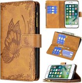 Voor iPhone 8/7 Flying Butterfly Embossing Pattern Rits Horizontale Flip Leather Case met houder & kaartsleuven & portemonnee (bruin)