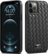 Fierre Shann lederen textuur telefoon achterkant hoes voor iPhone 12 mini (geweven zwart)