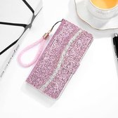Voor Samsung Galaxy A02s (Amerikaanse versie) Glitterpoeder Horizontale lederen flip-hoes met kaartsleuven en houder en draagkoord (roze)