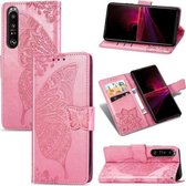 voor Sony Xperia 1 III Butterfly Love Flower reliëf horizontale flip lederen tas met beugel / kaartsleuf / portemonnee / lanyard (roze)