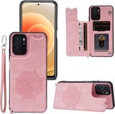 Voor Xiaomi Redmi Note 10 Mandala reliëf PU + TPU-hoesje met houder & kaartsleuven & fotolijst & riem (roségoud)