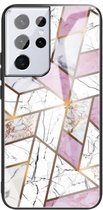 Voor Samsung Galaxy S21 Ultra 5G Abstract Marble Pattern Glass beschermhoes (Rhombus White Purple)