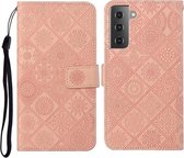 Voor Samsung Galaxy S21 FE etnische stijl reliëf patroon horizontale flip lederen tas met houder & kaartsleuven & portemonnee & lanyard (roze)