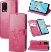 Voor OPPO A54 4G vierbladige gesp reliëf gesp mobiele telefoon bescherming lederen tas met lanyard & kaartsleuf & portemonnee & beugel functie (rose rood)