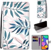 Voor Samsung Galaxy F62 / M62 Gekleurde tekening Cross Texture Horizontale Flip PU lederen tas met houder & kaartsleuven & portemonnee & lanyard (roze groen blad)