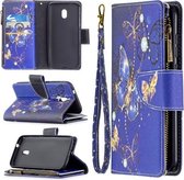 Voor Nokia C1 Plus Gekleurde Tekening Patroon Rits Horizontale Flip Leren Case met Houder & Kaartsleuven & Portemonnee (paarse Vlinder)