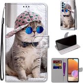 Voor Samsung Galaxy A32 4G / A32 Lite Gekleurde tekening Cross Texture Horizontale Flip PU lederen tas met houder & kaartsleuven & portemonnee & lanyard (Slant Hat Blue Mirror Cat)