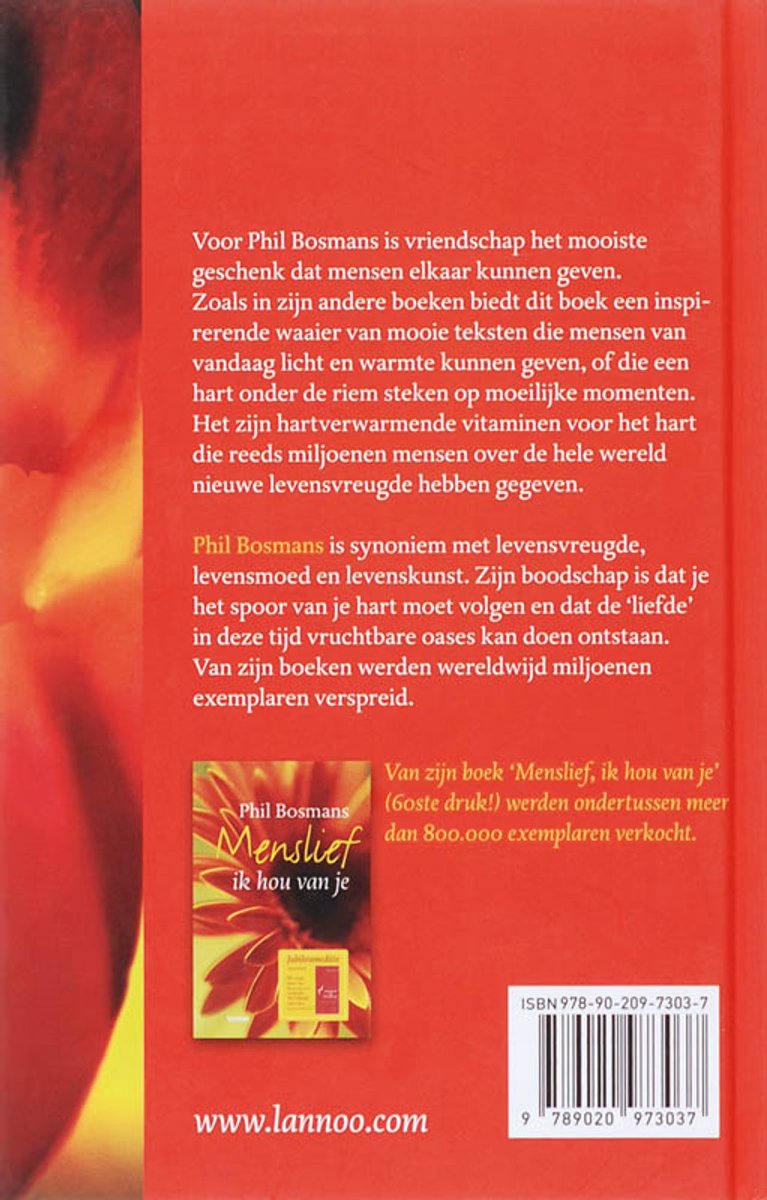 Boekomslag 'Menslief, ik hou van je' met tekst en een bloem.
