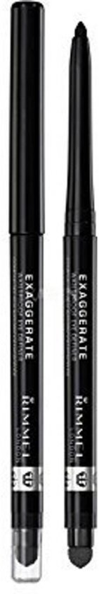 Twee Rimmel Exaggerate ooglijners in het zwart, een met dop en een uitgeschoven met applicator.
