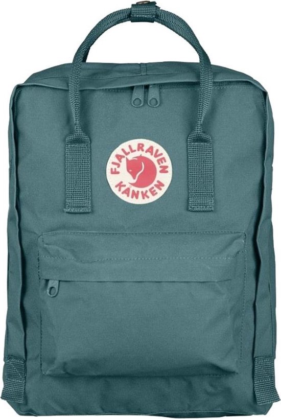 Turquoise Kånken rugzak met rond logo op de voorkant.