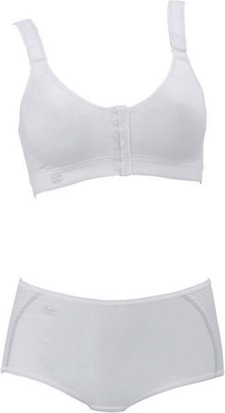Witte sportbeha met voorsluiting en bijpassende witte short. Zijkanten van de short hebben een gaasdetail.