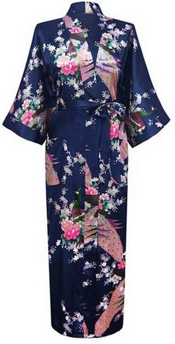 KIMU® lange kimono donkerblauw satijn - maat XL-XXL - ochtendjas kamerjas badjas maxi