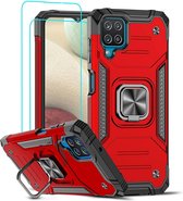 Samsung A12 Hoesje Heavy Duty Armor Hoesje Rood - Galaxy A12 Case Kickstand Ring cover met Magnetisch Auto Mount- Samsung A12 screenprotector 2 pack