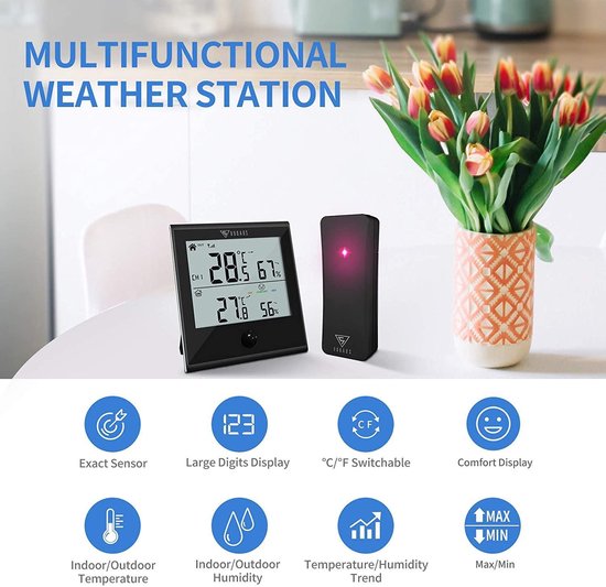 Thermomètre intérieur/extérieur sans fil numérique LCD hygromètre ℃/℉  température humidité mètre avec émetteur d'affichage de valeur Max Min 