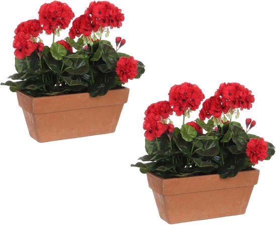 2x pièces géranium balcon plantes artificielles rouge en pot céramique L29  x W13 x H40... | bol.com