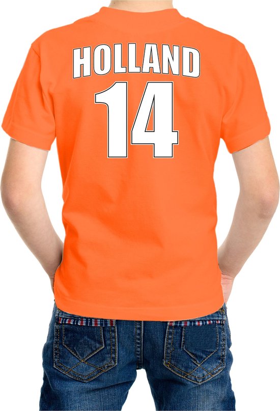 Oranje supporter t-shirt - rugnummer 14 - Holland / Nederland fan shirt / kleding voor kinderen 134/140