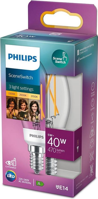4 stuks Philips SceneSwitch led 5W-2.5W-1W E14 filament kaars | bol.com