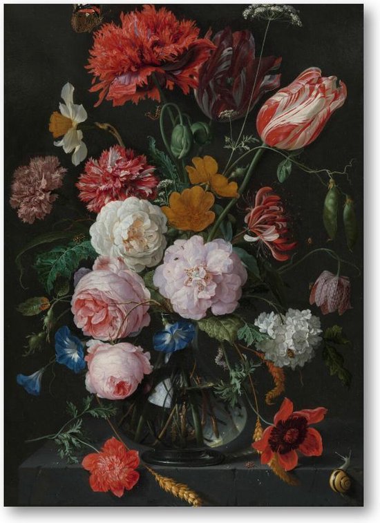 Stilleven met bloemen in een glazen vaas - 50x70 Dibond voor Binnen én Buiten - Jan Davidsz - Meesterwerken - Bloemen