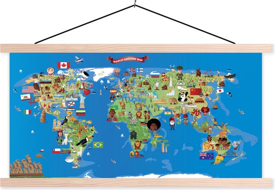 Posterhanger incl. Poster - Schoolplaat - Een illustratie van een cartoon kaart van de wereld met figuren - 150x75 cm - Blanke latten