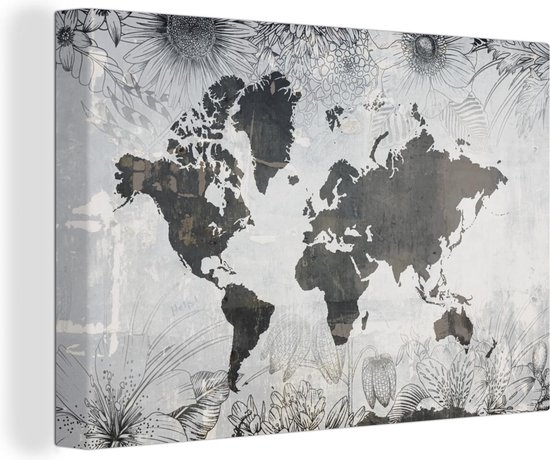Wereldkaart avec motif béton gris foncé décorée d'illustrations de fleurs 90x60 cm