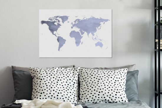 Wereldkaart avec des couleurs bleu violet et un motif texturé sur fond blanc 60x40 cm