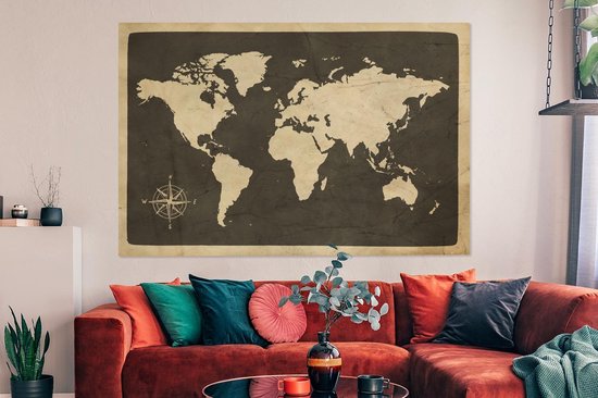 Peintures sur toile Wereldkaart - Rose des vents - Vintage - 150x100 cm - Décoration murale