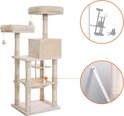 Beige krabpaal met kattenhuis, hangmat en bal. Een illustratie toont hoe de paal aan de muur kan worden bevestigd.