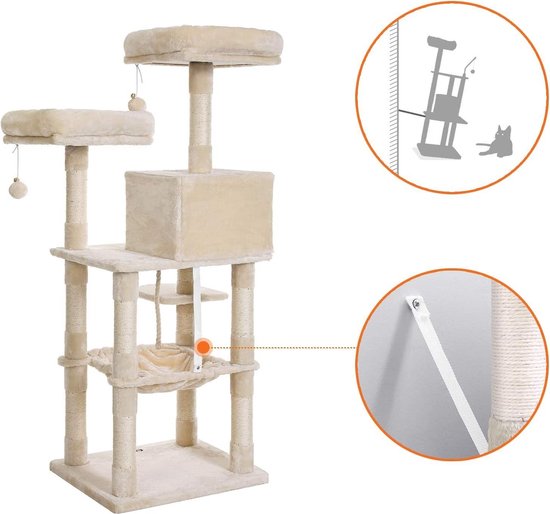 Beige krabpaal met kattenhuis, hangmat en bal. Een illustratie toont hoe de paal aan de muur kan worden bevestigd.