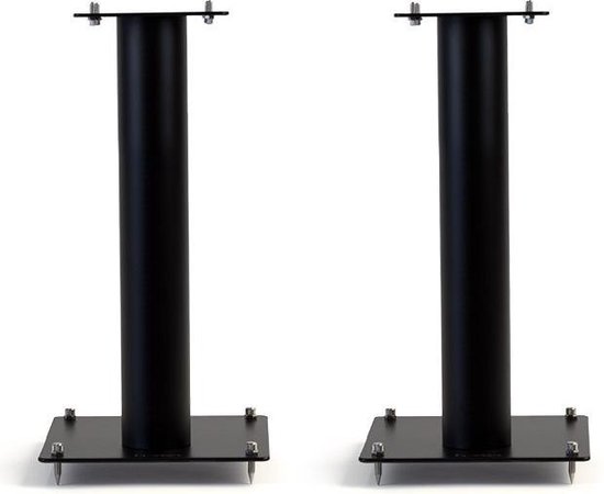 Twee zwarte luidsprekerstandaards met vierkante voetplaten en bovenplaten, verbonden door ronde pilaren.