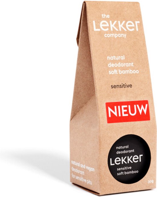 Bruine kartonnen verpakking voor "the Lekker company" natuurlijke deodorant, met de tekst "Nieuw".