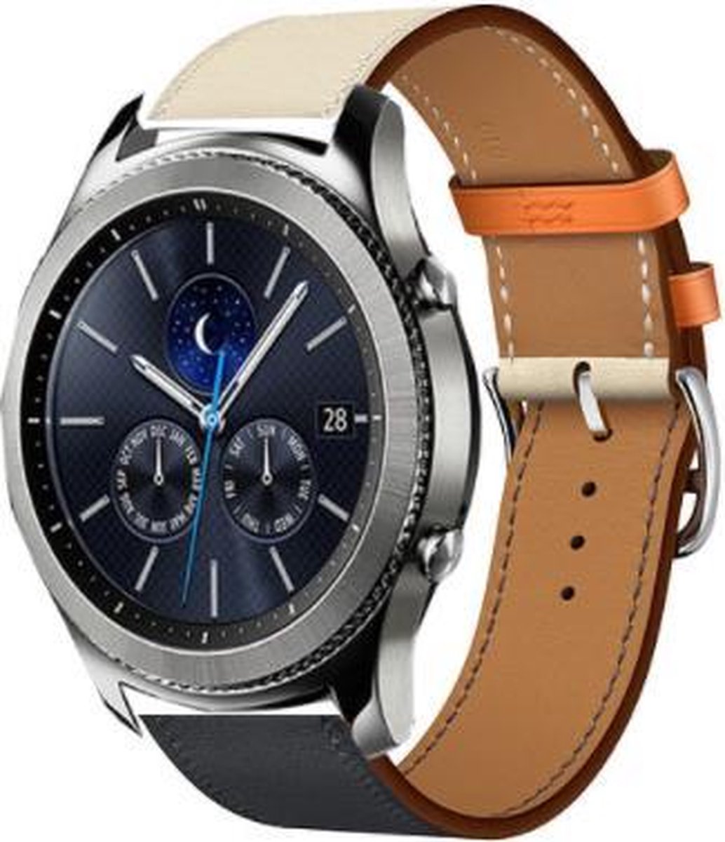Leren bandje – geschikt voor Samsung Gear S3 (46mm) – wit/donkerblauw