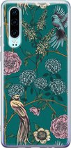 Huawei P30 hoesje - Vogels Japanse bloemen - Siliconen - Soft Case Telefoonhoesje - Bloemen - Blauw