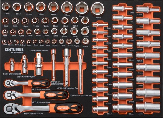 Een zwarte schuimmodule gevuld met een 90-delige Centurius doppenset in chroom-vanadium, met oranje en zilveren gereedschappen.