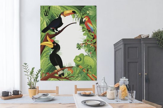 Une illustration vectorielle d'une forêt tropicale avec des toucans sur toile 120x160 cm - Tirage photo sur toile (Décoration murale salon / chambre) XXL / Grand format!
