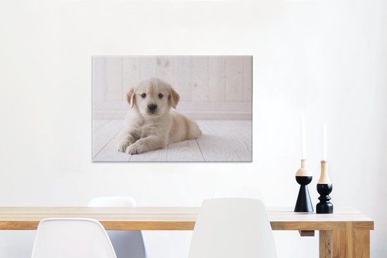 Witte Golden Retriever puppy Canvas 90x60 cm - Foto print op Canvas schilderij (Wanddecoratie woonkamer / slaapkamer) / Huisdieren Canvas Schilderijen