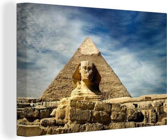 De Sfinx van Gizeh in Egypte met witte wolken Canvas 140x90 cm - Foto print op Canvas schilderij (Wanddecoratie woonkamer / slaapkamer)