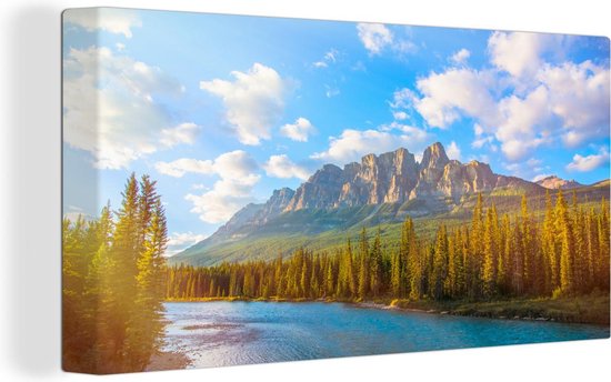 Canvas schilderij 160x80 cm - Wanddecoratie Bow River in het Nationaal park Banff in Noord-Amerika - Muurdecoratie woonkamer - Slaapkamer decoratie - Kamer accessoires - Schilderijen
