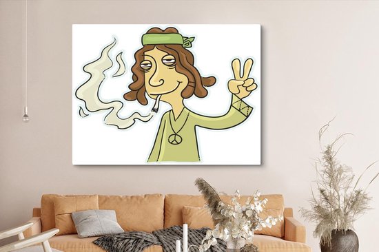 Une illustration d'un hippie qui souffle sur toile 160x120 cm - Tirage photo sur toile (Décoration murale salon / chambre) / Peintures Fleurs sur toile XXL / Groot format!