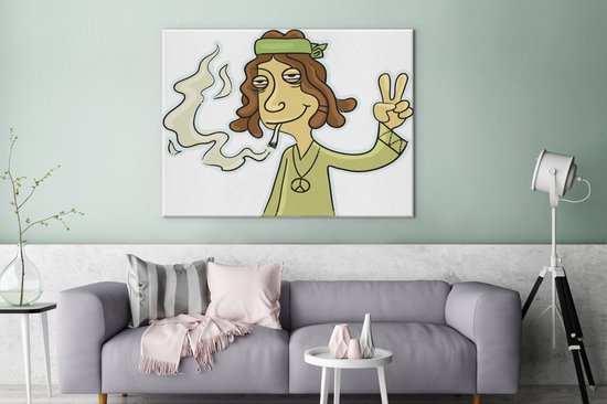 Une illustration d'un hippie qui souffle sur toile 160x120 cm - Tirage photo sur toile (Décoration murale salon / chambre) / Peintures Fleurs sur toile XXL / Groot format!