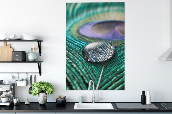 Structure d'une plume de paon avec une toile goutte d'eau 80x120 cm - Tirage photo sur toile (Décoration murale salon / chambre)