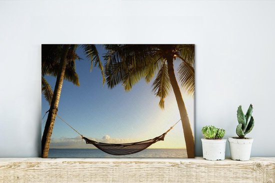 Hamac entre palmiers plage tropicale Toile 30x20 cm - petit - Tirage photo sur toile (Décoration murale salon / chambre) / Mer et plage