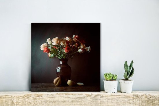 Canvas schilderij 20x20 cm - Wanddecoratie Bloemen - Rozen - Stilleven - Muurdecoratie woonkamer - Slaapkamer decoratie - Kamer accessoires - Schilderijen op canvas