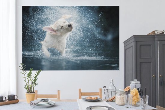 Canvas schilderij 150x100 cm - Wanddecoratie Labrador schudt water van zich af - Muurdecoratie woonkamer - Slaapkamer decoratie - Kamer accessoires - Schilderijen