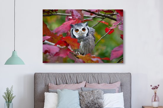 Canvas schilderij 150x100 cm - Wanddecoratie Uil - Vogel - Bladeren - Herfst - Muurdecoratie woonkamer - Slaapkamer decoratie - Kamer accessoires - Schilderijen