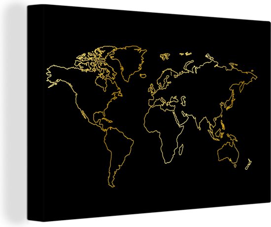 Canvas Wereldkaart - 120x80 - Wanddecoratie Gouden wereldkaart op een zwarte achtergrond