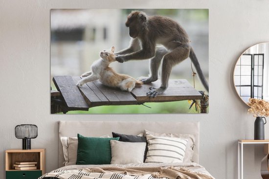 Peintures sur toile - Singe tirant des oreilles de chat - 150x100 cm - Décoration murale